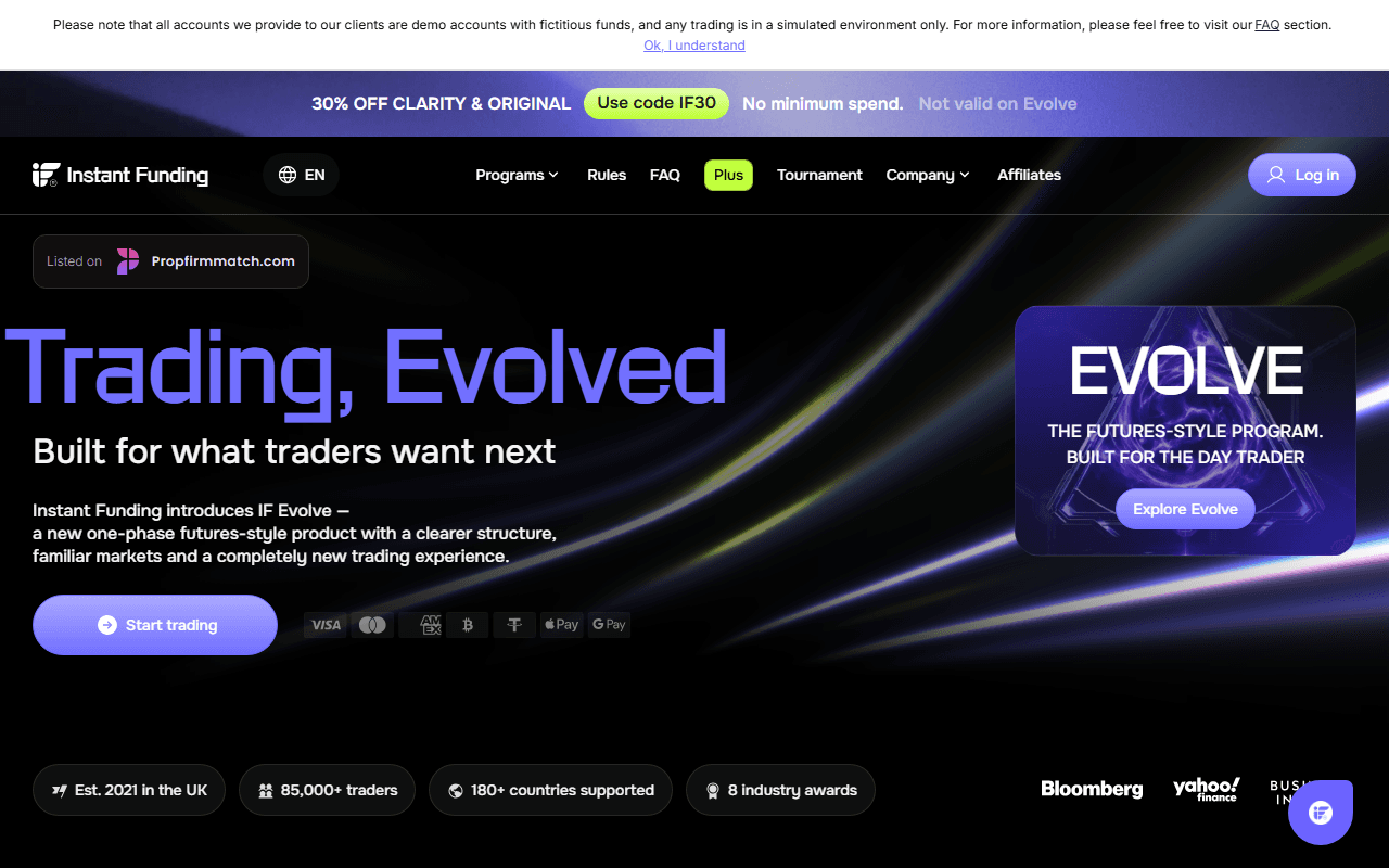 Official website snapshot of Instant Funding